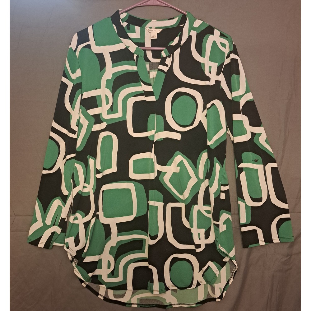 Cato Geometric Pattern Blouse Shirt Womens Size Medium Green Black White‎